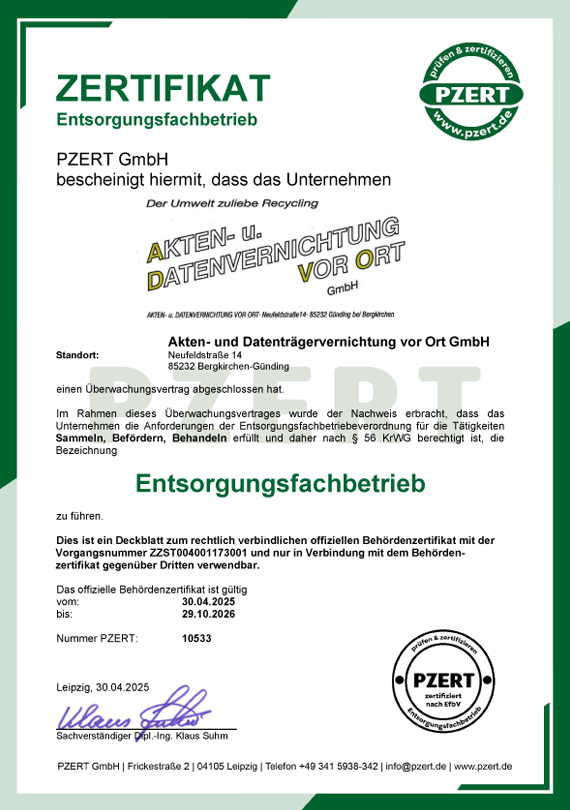 Zertifikat Entsorgungsfachbetrieb