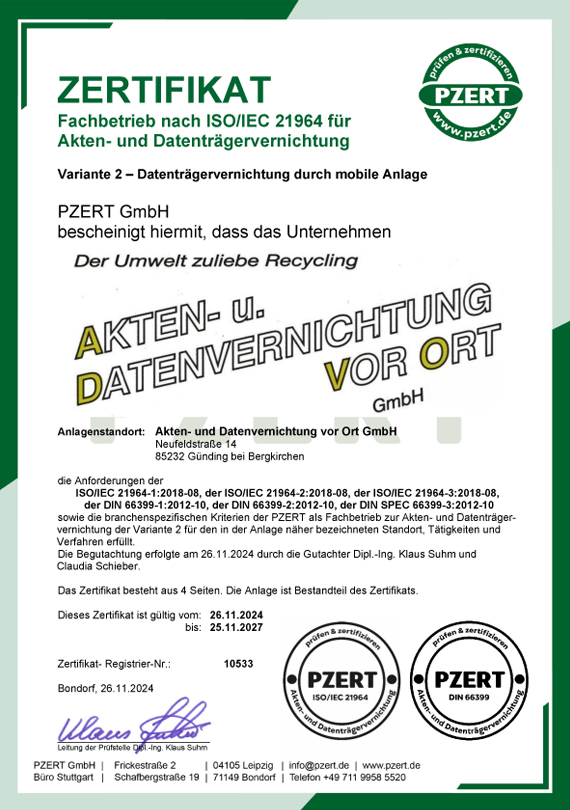 Zertifikat ISO 21964 / DIN 66399 – mobile Datenvernichtung