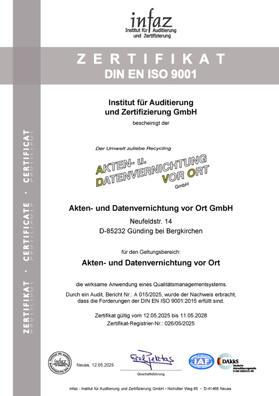 ertifikat: Qualitätsmanagement DIN EN ISO 9001