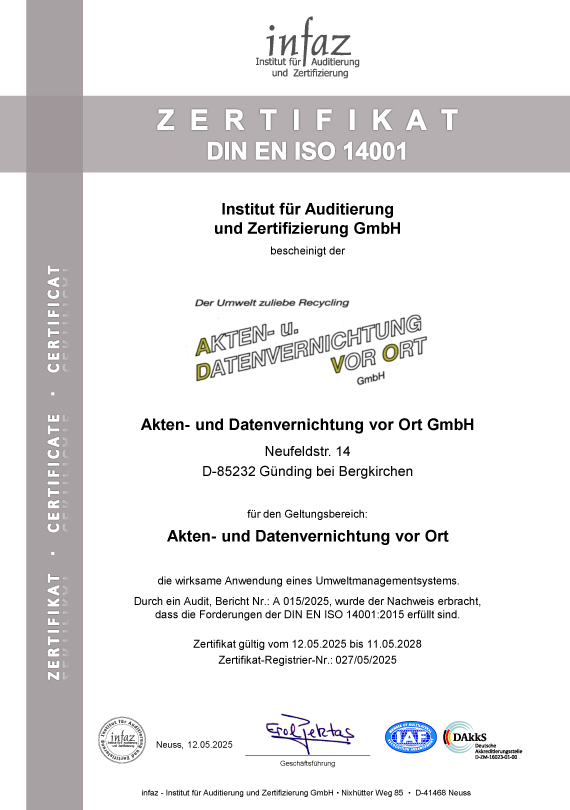 Zertifikat: Umweltmanagement DIN EN ISO 14001